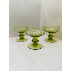 Vintage Green Glass Champagne Coupes 4in Etched Pedestal Dessert Bowls Set 3
